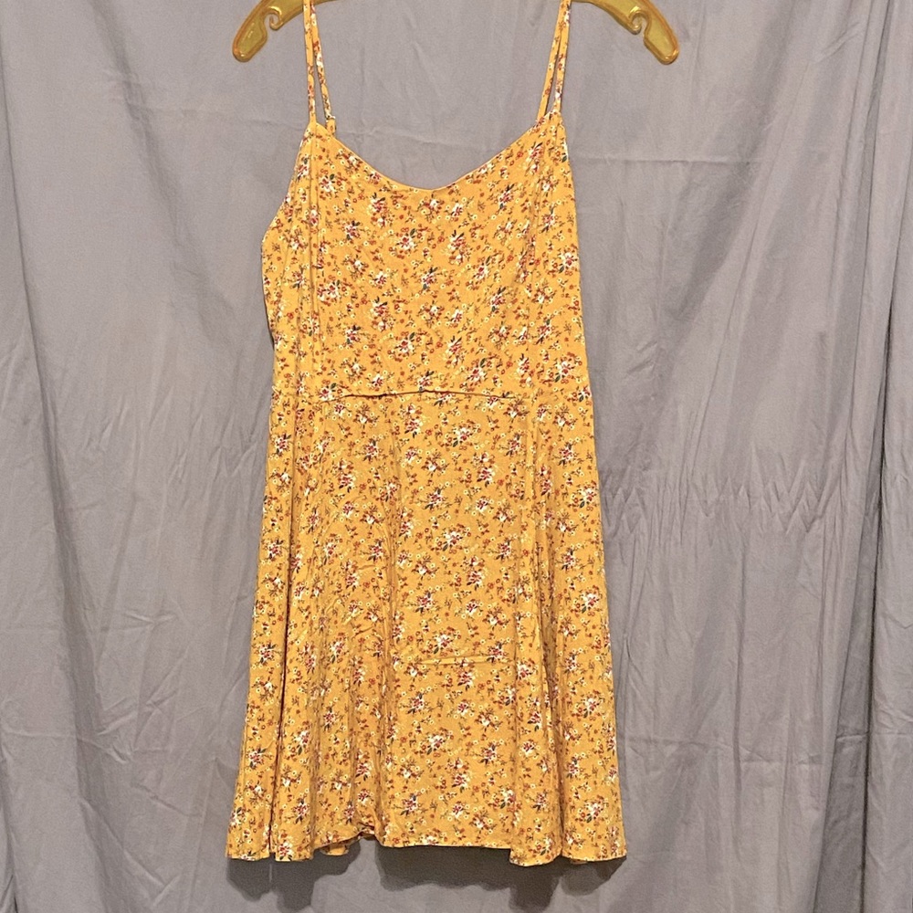 Spring Fling Mustard Floral Dress with tie back; fully lined